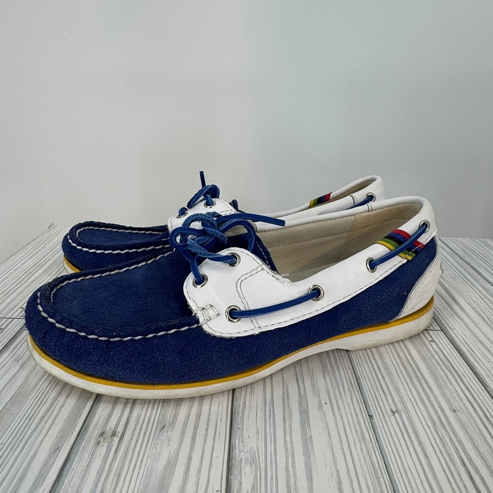 Timberland Women's Boat Shoes Slip On Navy White Leather Suede Nautical Size 8M